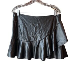 Avidlove Faux Leather Ruffle Mini Skirt Black High Waist Flowy Size Large New